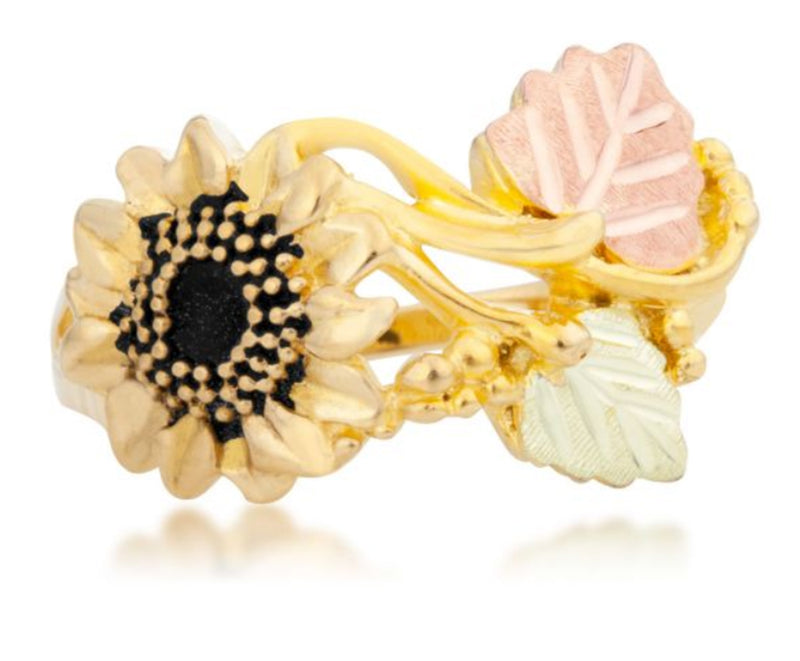 Ave 369 Antiqued Sunflower Ring, 10k Yellow Gold, 12k Green and Rose Gold Black Hills Gold Motif