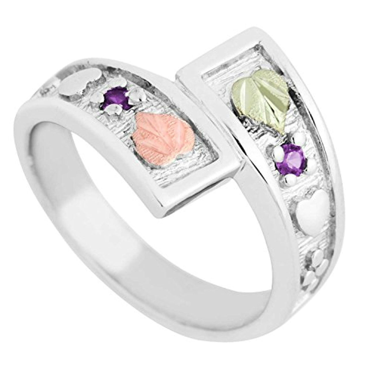 Rhodium-Plated Sterling Silver Synthetic Amethyst February Birthstone Bypass Ring, 12k Green and Rose Black Hills Gold