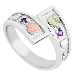 Rhodium-Plated Sterling Silver Synthetic Amethyst February Birthstone Bypass Ring, 12k Green and Rose Black Hills Gold