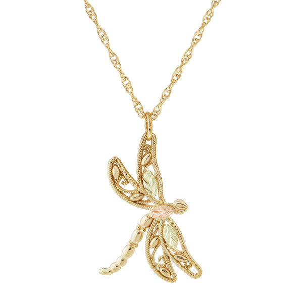 Ave 369 Filigree Dragonfly Pendant, 10k Yellow Gold, 12k Rose and Green Black Hills Gold 18 Inches