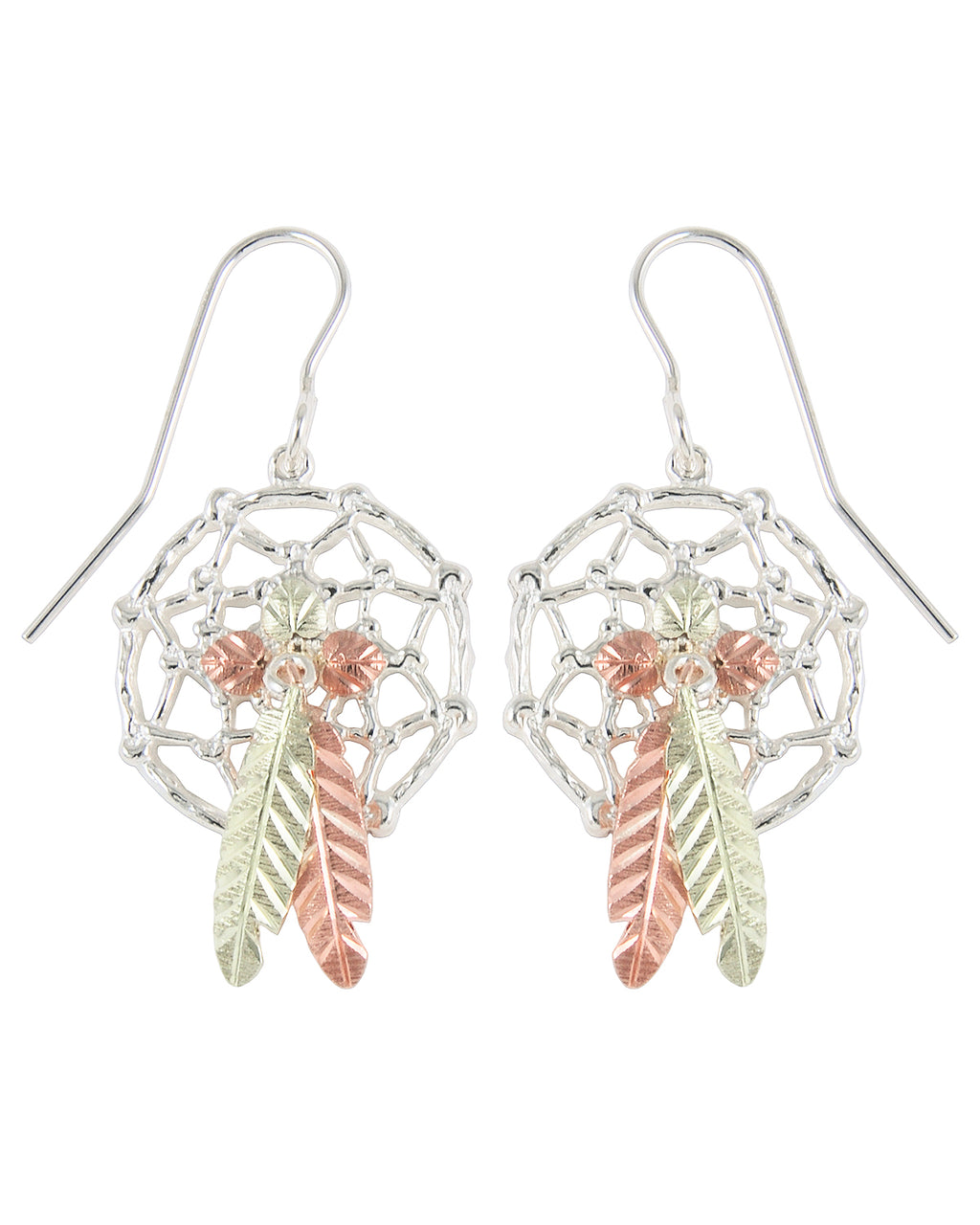 Ave 369 Dream Catcher Feather Earrings, Sterling Silver, 12k Green Gold, 12k Rose Gold Black Hills Gold