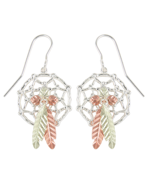 Ave 369 Dream Catcher Feather Earrings, Sterling Silver, 12k Green Gold, 12k Rose Gold Black Hills Gold