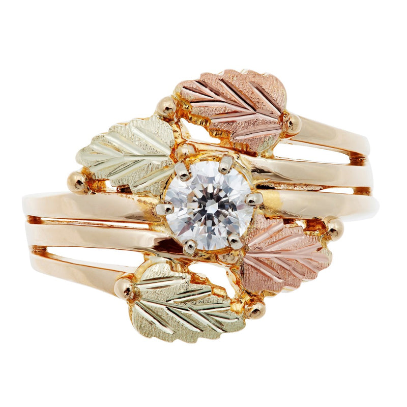 Ave 369 Diamond with Bypass Leaves Layered Ring, 10k Yellow Gold, 12k Green and Rose Gold Black Hills Gold Motif (.25 Ctw)