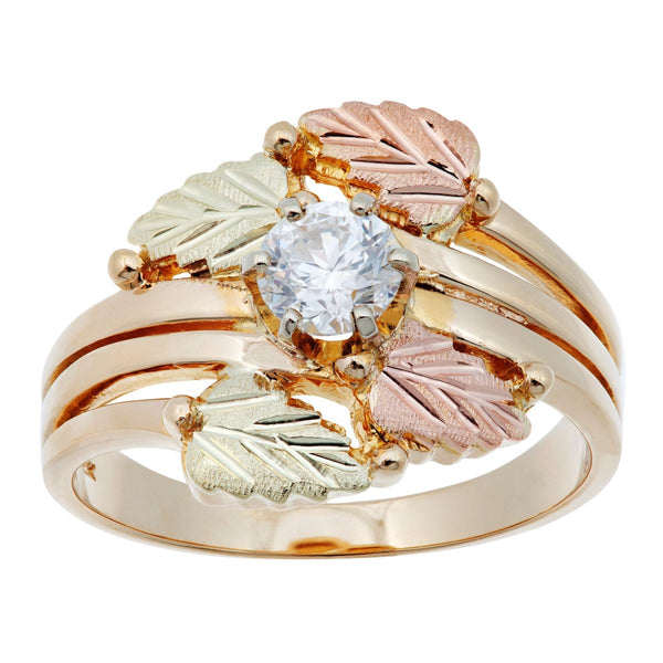 Ave 369 Diamond with Bypass Leaves Layered Ring, 10k Yellow Gold, 12k Green and Rose Gold Black Hills Gold Motif (.25 Ctw)