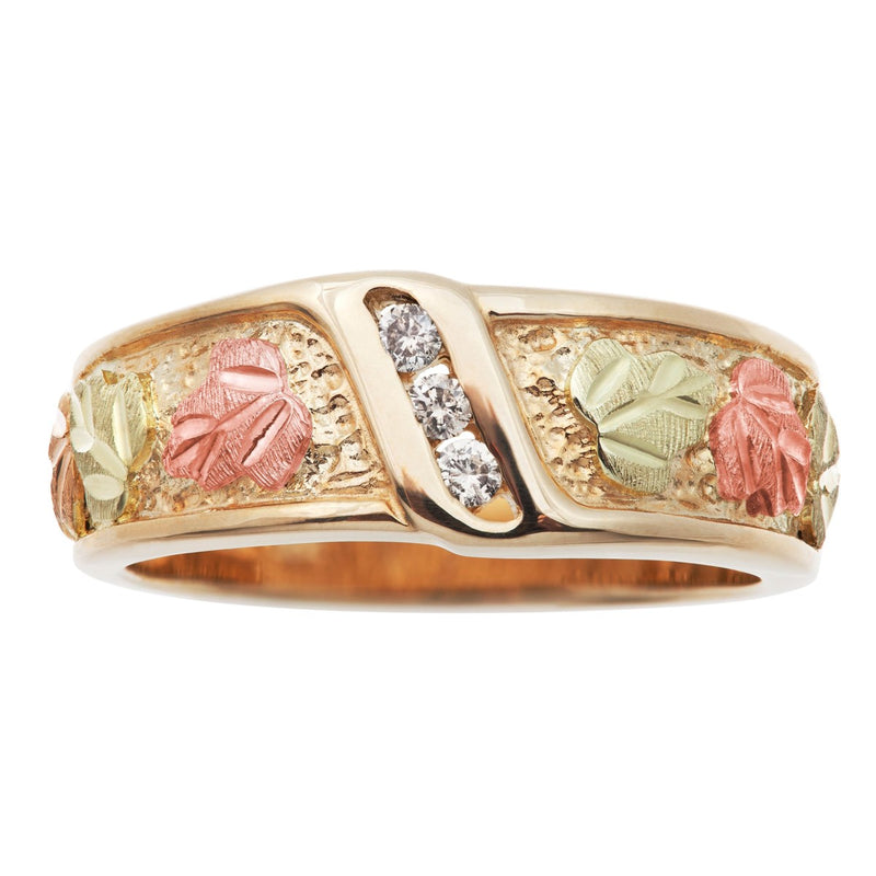 Ave 369 Diamond Wedding Wide Band, 10k Yellow Gold, 12k Green and Rose Gold Black Hills Gold Motif (.06 ct)