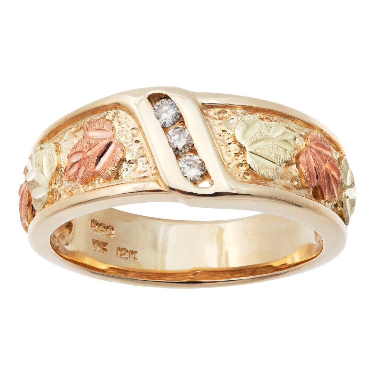 Ave 369 Diamond Wedding Wide Band, 10k Yellow Gold, 12k Green and Rose Gold Black Hills Gold Motif (.06 ct)