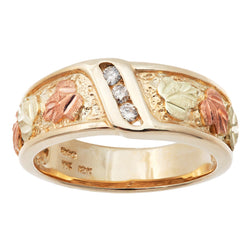 Ave 369 Diamond Wedding Wide Band, 10k Yellow Gold, 12k Green and Rose Gold Black Hills Gold Motif (.06 ct)