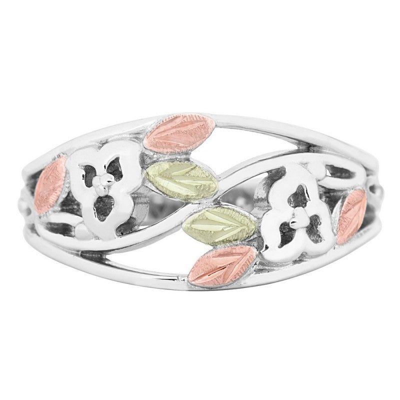 Ave 369 Cut-Out Flower Ring, Sterling Silver, 12k Green and Rose Gold Black Hills Gold Motif