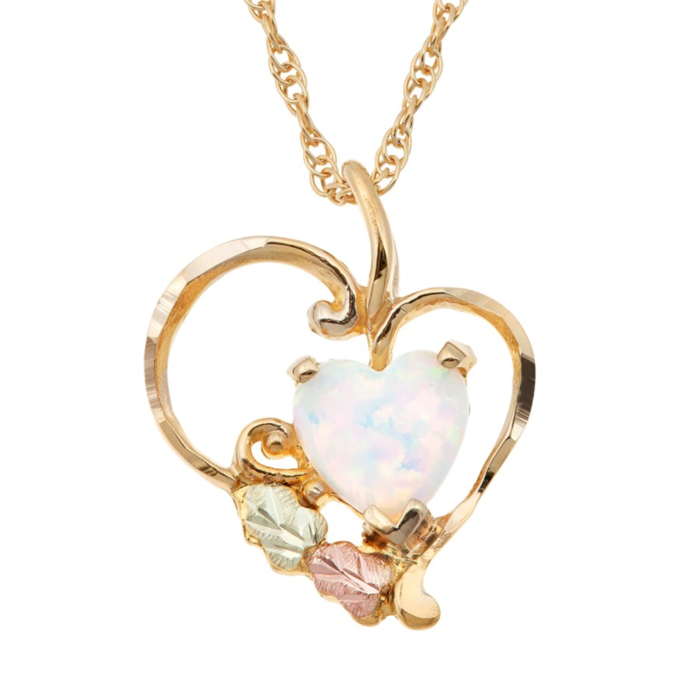 Ave 369 Created Opal Heart Cabochon Pendant Necklace, 10k Yellow Gold, 12k Green and Rose Gold Black Hills Gold Motif, 18''