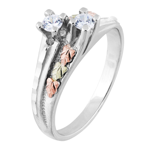 Ave 369 2 Stone CZ Ring, Sterling Silver, 12k Green and Rose Gold Black Hills Gold Motif