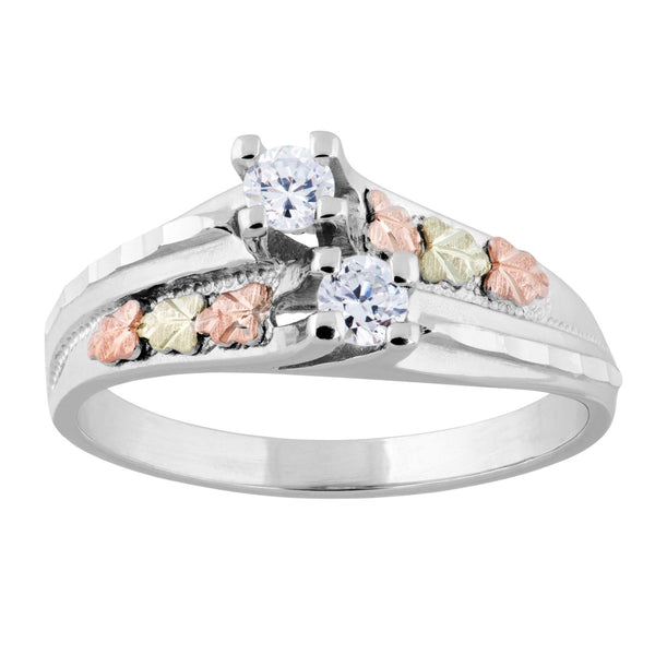 Ave 369 2 Stone CZ Ring, Sterling Silver, 12k Green and Rose Gold Black Hills Gold Motif