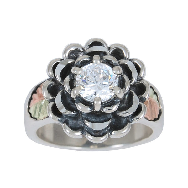 Ave 369 CZ 3D Flower Oxidzed Ring, Sterling Silver, 12k Green and Rose Gold Black Hills Gold Motif