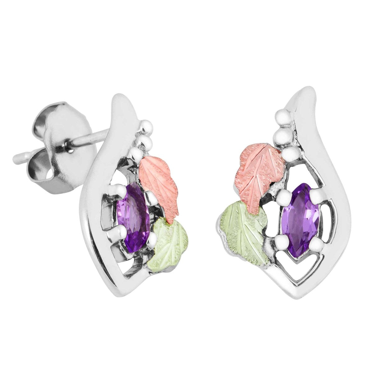 Ave 369 Created Soude Amethyst Marquise February Birthstone Earrings, Sterling Silver, 12k Green and Rose Gold Black Hills Gold Motif