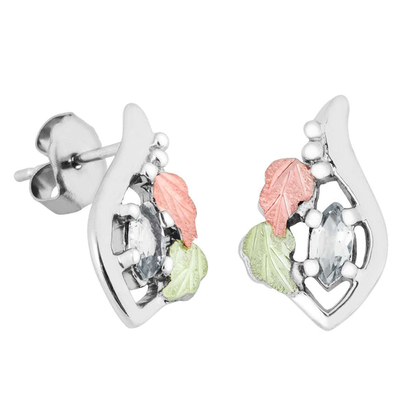 Ave 369 Created White Spinel Marquise April Birthstone Earrings, Sterling Silver, 12k Green and Rose Gold Black Hills Gold Motif