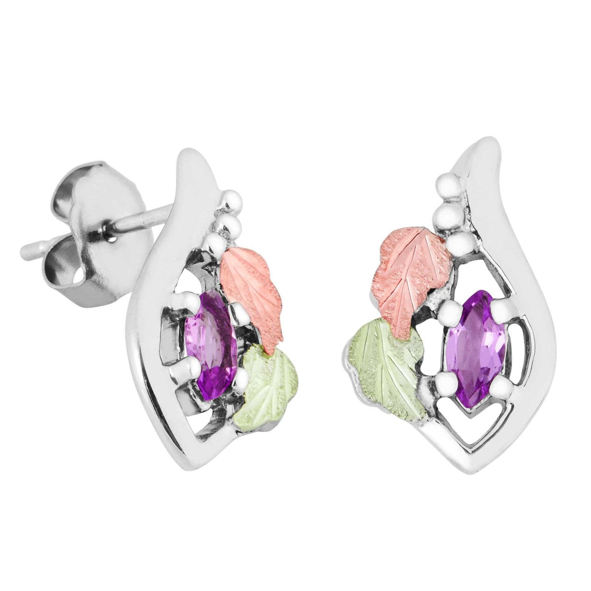 Ave 369 Created Alexandrite Marquise June Birthstone Earrings, Sterling Silver, 12k Green and Rose Gold Black Hills Gold Motif