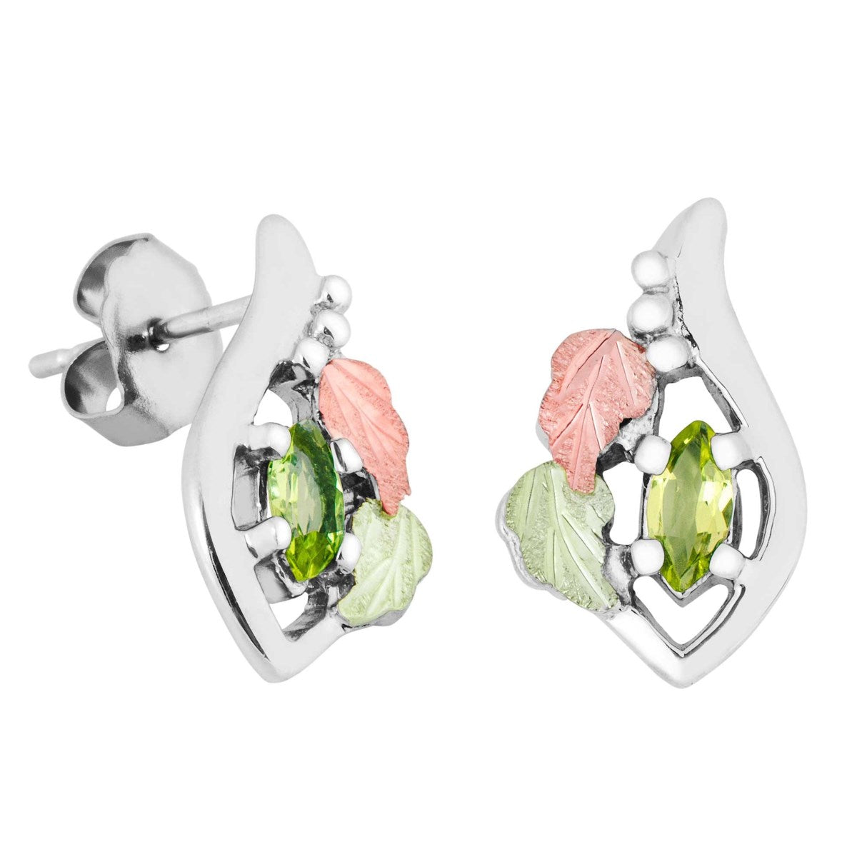 Ave 369 Created Soude Peridot Marquise August Birthstone Earrings, Sterling Silver, 12k Green and Rose Gold Black Hills Gold Motif