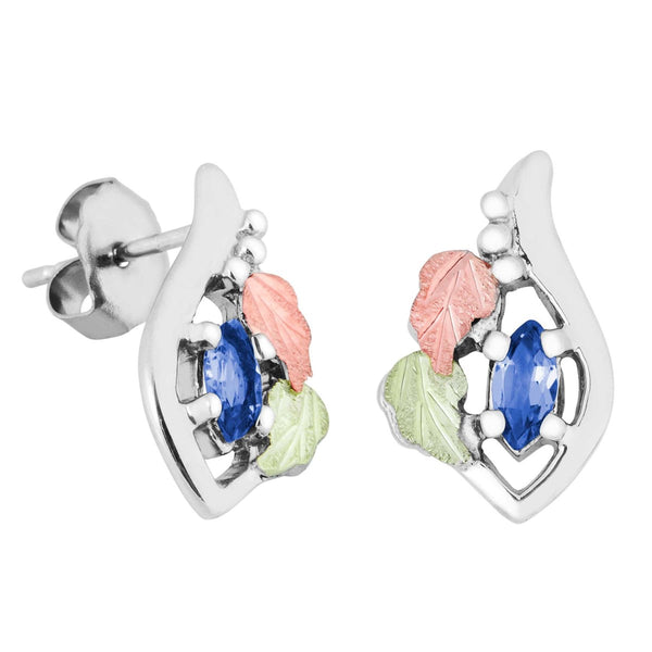 Ave 369 Created Blue Spinel Marquise September Birthstone Earrings, Sterling Silver, 12k Green and Rose Gold Black Hills Gold Motif