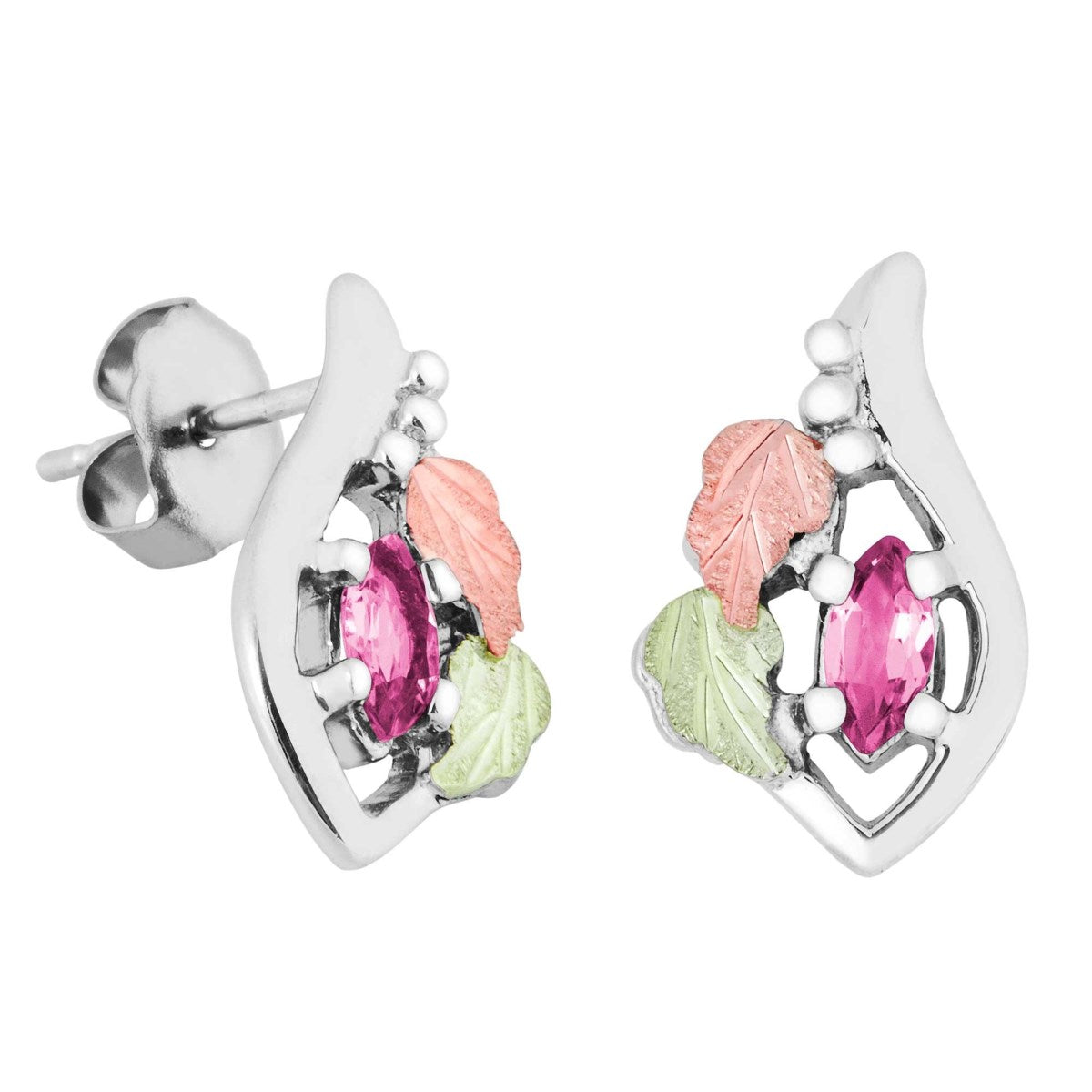 Ave 369 Created Rose Zircon Marquise October Birthstone Earrings, Sterling Silver, 12k Green and Rose Gold Black Hills Gold Motif