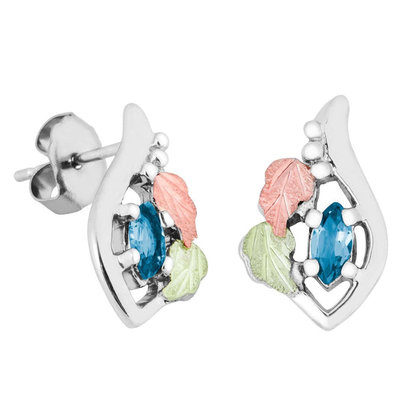 Ave 369 Created Blue Zircon Marquise December Birthstone Earrings, Sterling Silver, 12k Green and Rose Gold Black Hills Gold Motif