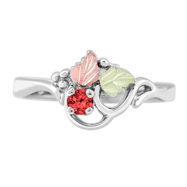 Ave 369 Created Garnet Round January Birthstone Ring, Sterling Silver, 12k Green and Rose Gold Black Hills Gold Motif