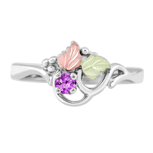 Ave 369 Created Soude Amethyst Round February Birthstone Ring, Sterling Silver, 12k Green and Rose Gold Black Hills Gold Motif
