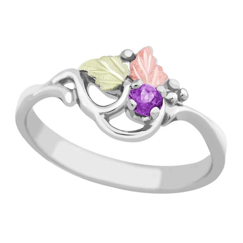 Ave 369 Created Soude Amethyst Round February Birthstone Ring, Sterling Silver, 12k Green and Rose Gold Black Hills Gold Motif