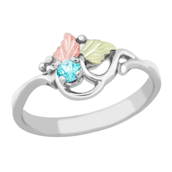 Ave 369 Created Aquamarine Round March Birthstone Ring, Sterling Silver, 12k Green and Rose Gold Black Hills Gold Motif
