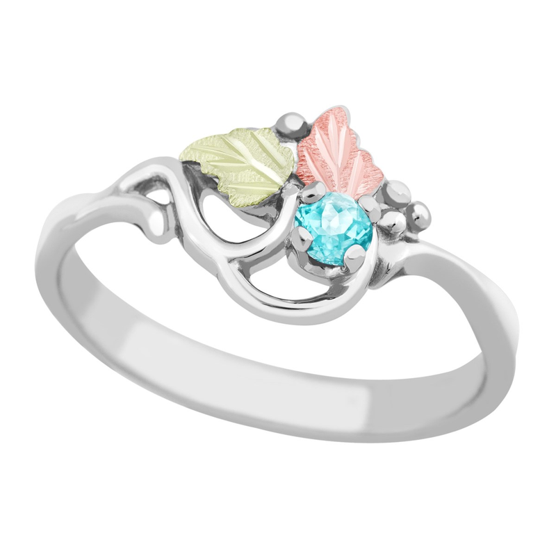 Ave 369 Created Aquamarine Round March Birthstone Ring, Sterling Silver, 12k Green and Rose Gold Black Hills Gold Motif
