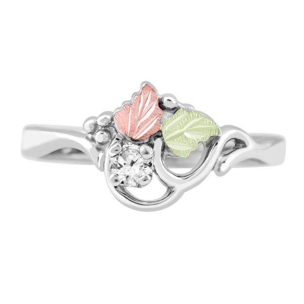 Ave 369 Created White Spinel April Birthstone Ring, Sterling Silver, 12k Green and Rose Gold Black Hills Gold Motif