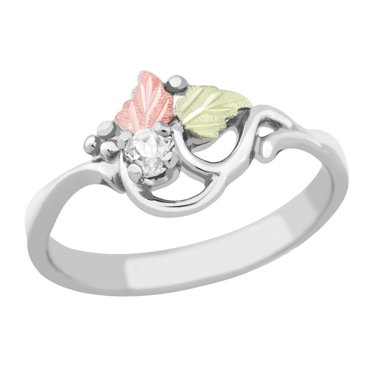 Ave 369 Created White Spinel April Birthstone Ring, Sterling Silver, 12k Green and Rose Gold Black Hills Gold Motif