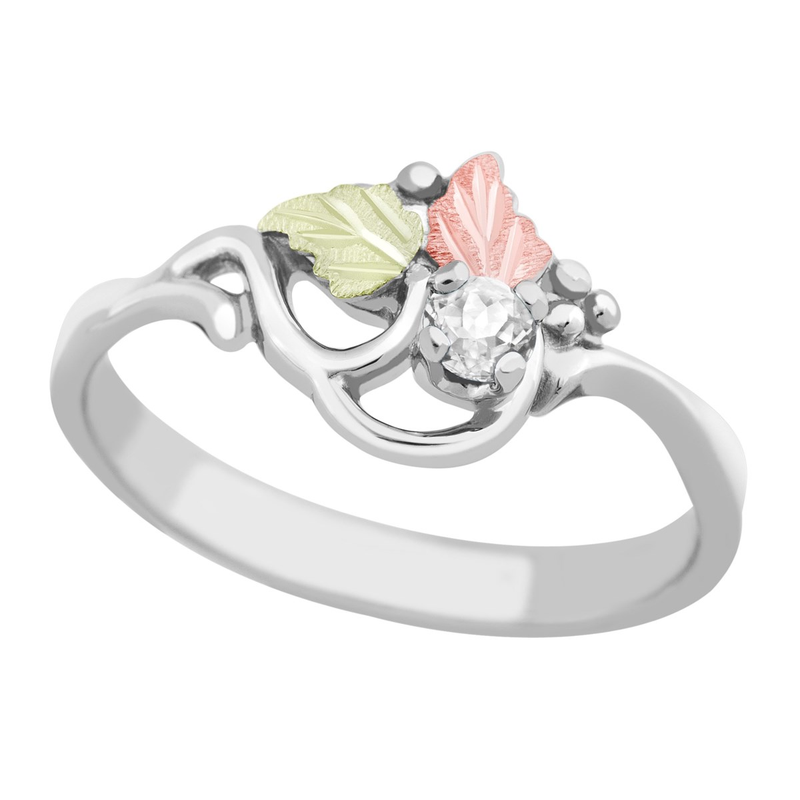 Ave 369 Created White Spinel April Birthstone Ring, Sterling Silver, 12k Green and Rose Gold Black Hills Gold Motif