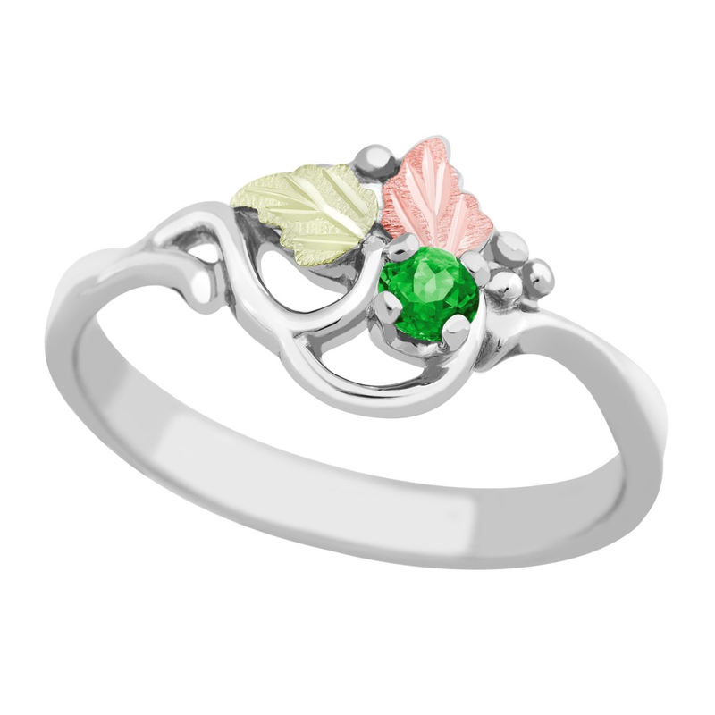 Ave 369 Created Emerald May Birthstone Ring, Sterling Silver, 12k Green and Rose Gold Black Hills Gold Motif