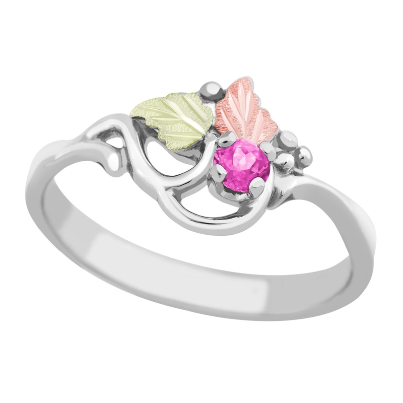 Ave 369 Created Rose-Zircon October Birthstone Ring, Sterling Silver, 12k Green and Rose Gold Black Hills Gold Motif