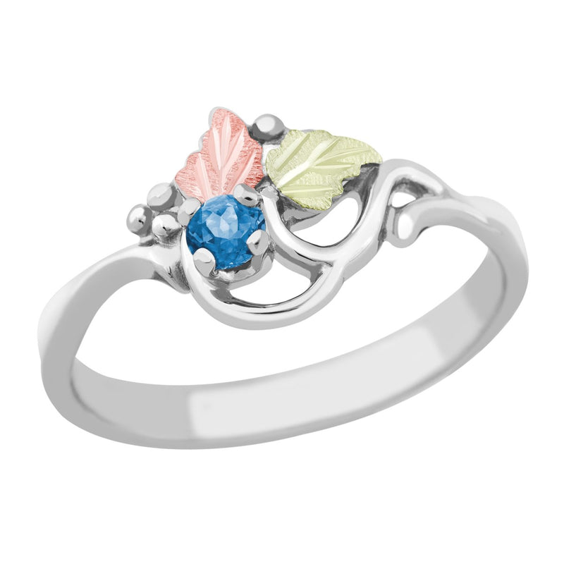 Ave 369 Created Blue Zircon December Birthstone Ring, Sterling Silver, 12k Green and Rose Gold Black Hills Gold Motif