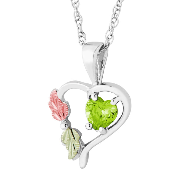 Ave 369 Green CZ August Birthstone Heart Pendant Necklace, Sterling Silver, 12k Green and Rose Gold Black Hills Gold Motif, 18"