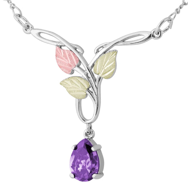 Pear Amethyst CZ Pendant Necklace, Sterling Silver, 12k Green and Rose Gold Black Hills Gold Motif, 18"