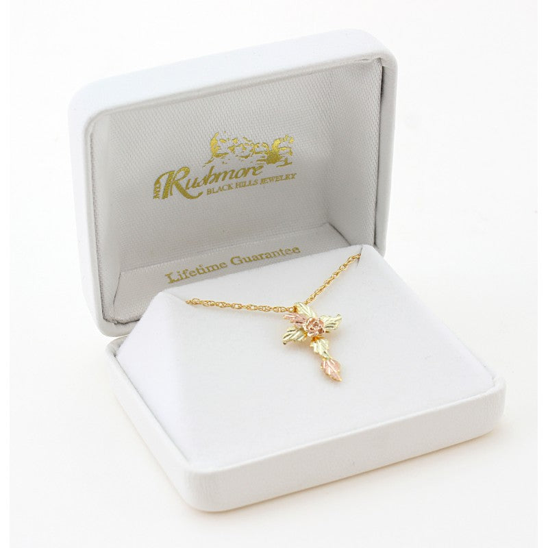 Ave 369 Cross with 3D Rose Pendant Necklace, 10k Yellow Gold, 12k Green and Rose Gold Black Hills Gold Motif, 18"