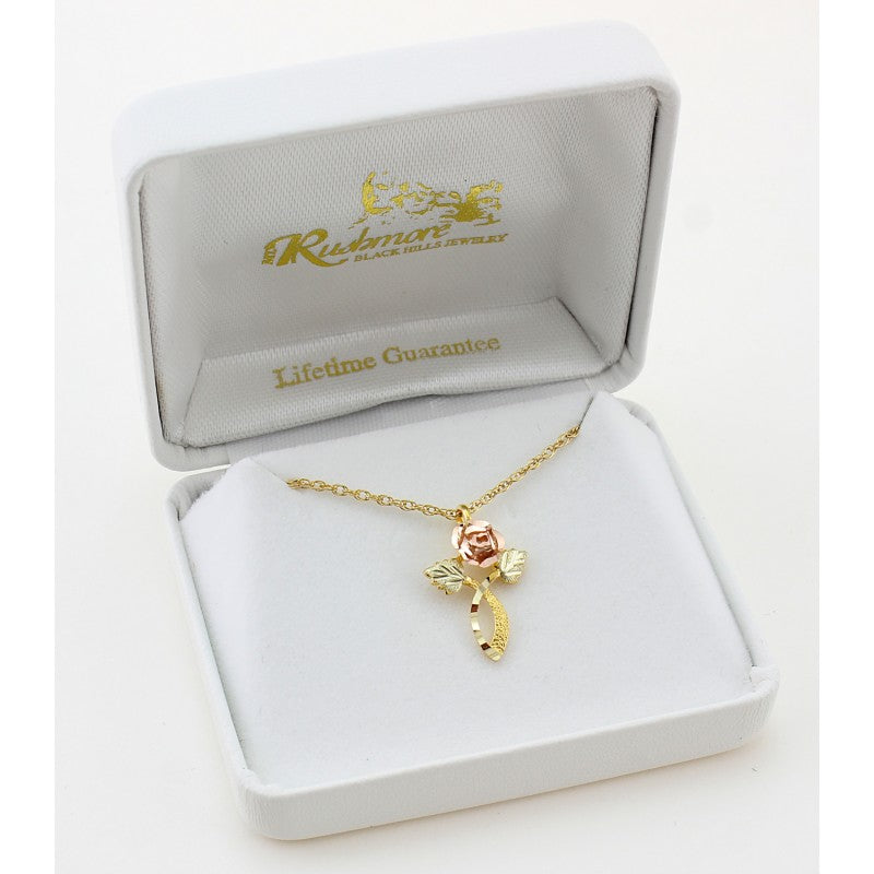 Ave 369 3D Rose Flower Leaf Cross Pendant Necklace, 10k Yellow Gold, 12k Green and Rose Gold Black Hills Gold Motif, 18"