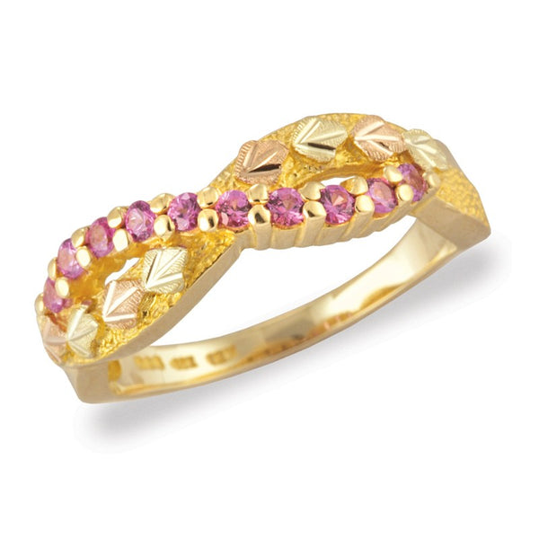 Ave 369 Created Pink Sapphires Infinity Ring , 10k Yellow Gold, 12k Green and Rose Gold Black Hills Gold Motif