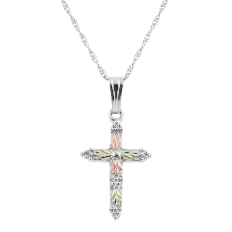 Ave 369 Arrow Edge Cross Pendant Necklace, Sterling Silver, 12k Green and Rose Gold Black Hills Gold Motif, 18"