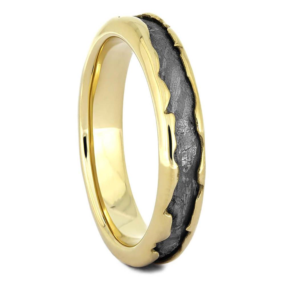 Ave 369 Women's 14k Yellow Gold Wavy, Gibeon Meteorite Inlay 5mm Comfort-Fit Wedding Band