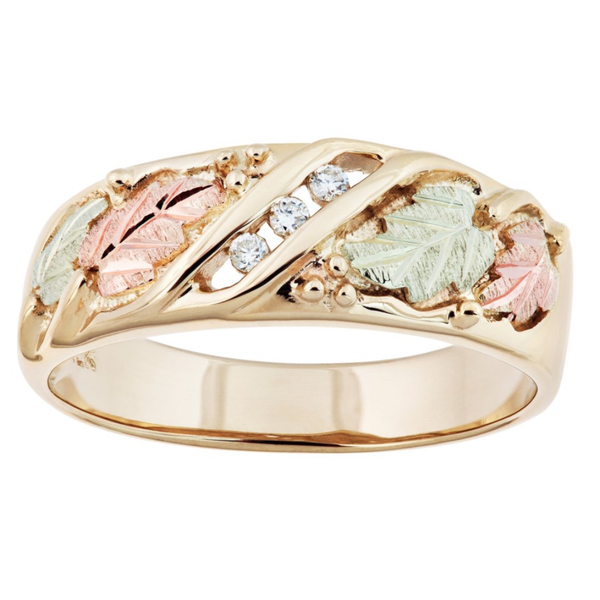 Ave 369 3-Stone Diamond Band, 10k Yellow Gold, 12k Green and Rose Gold Black Hills Gold Motif (.06 Ctw)