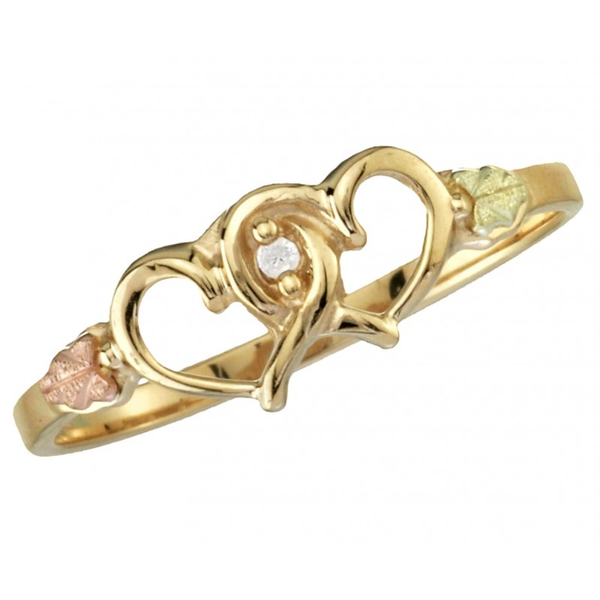 Ave 369 Diamond Two Hearts Ring, 10k Yellow Gold, 12k Green and Rose Gold Black Hills Gold Motif (.01 Ct)