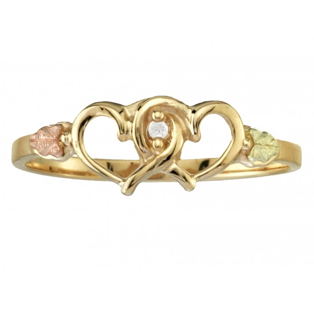 Ave 369 Diamond Two Hearts Ring, 10k Yellow Gold, 12k Green and Rose Gold Black Hills Gold Motif (.01 Ct)